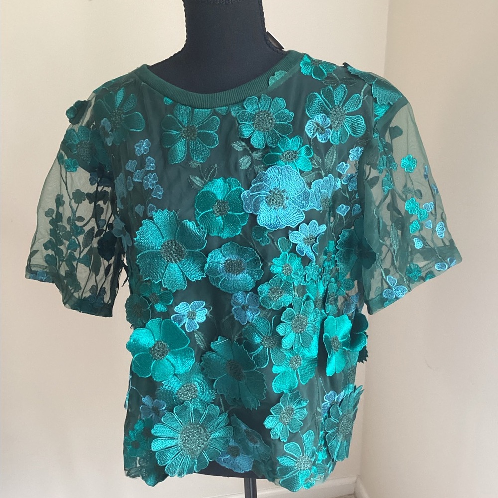 Dolan Teal Floral Embroidered Blouse